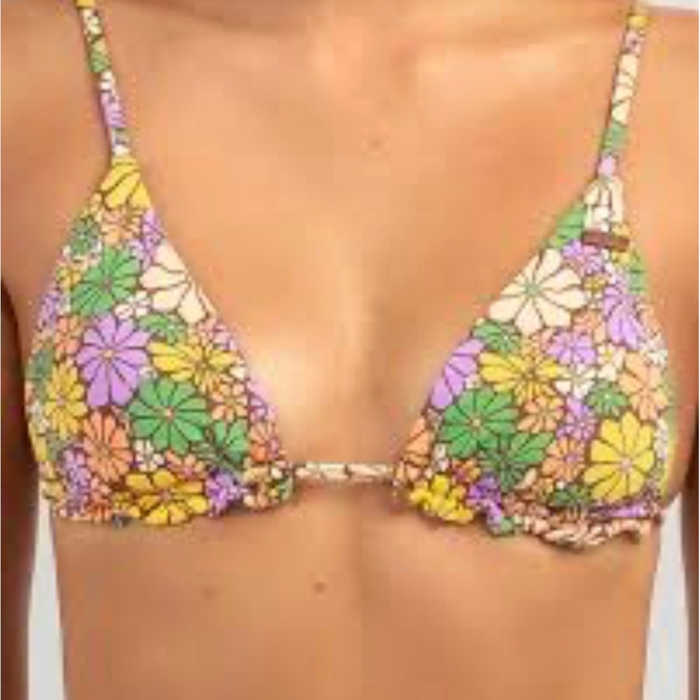 ROXY NWTAll About Sol Mini Tiki Sliding Triangle Bikini Top Floral Brown Multi M
